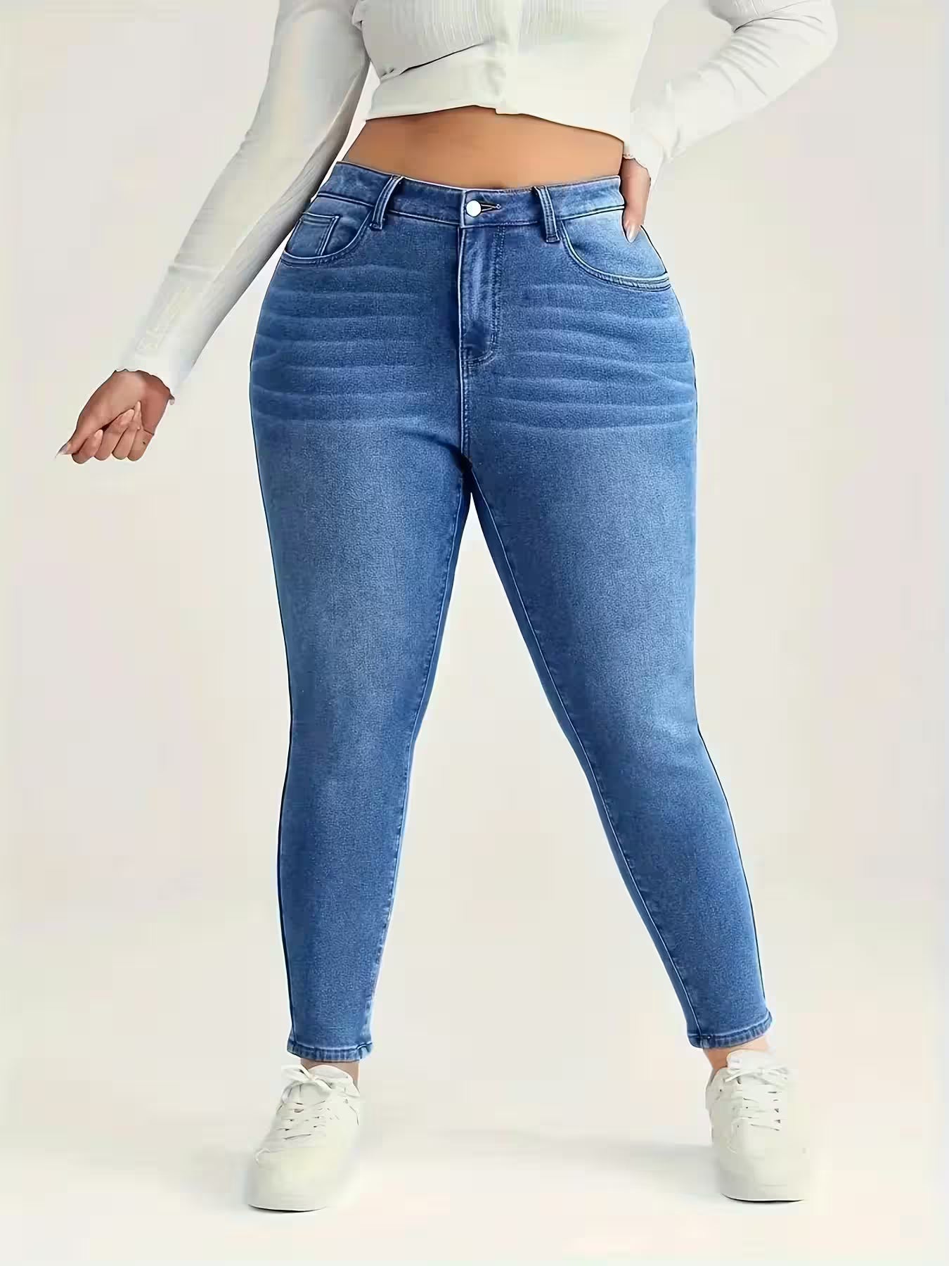 Plus Size Washed Blue Jeans High Waist - Women's Fashion - View 4