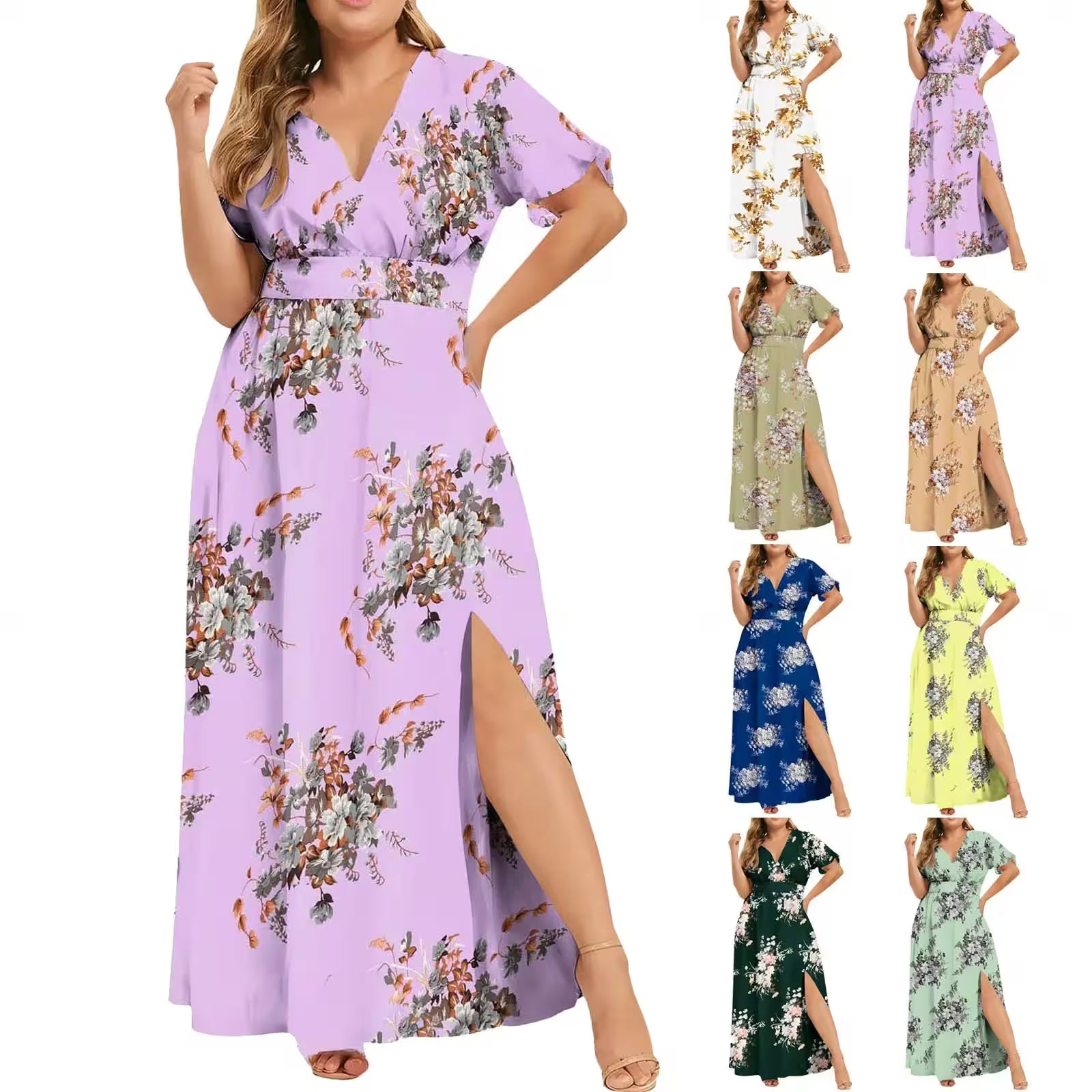 Dresses - Plus Size  Slit Flower Print Short Sleeve Dress