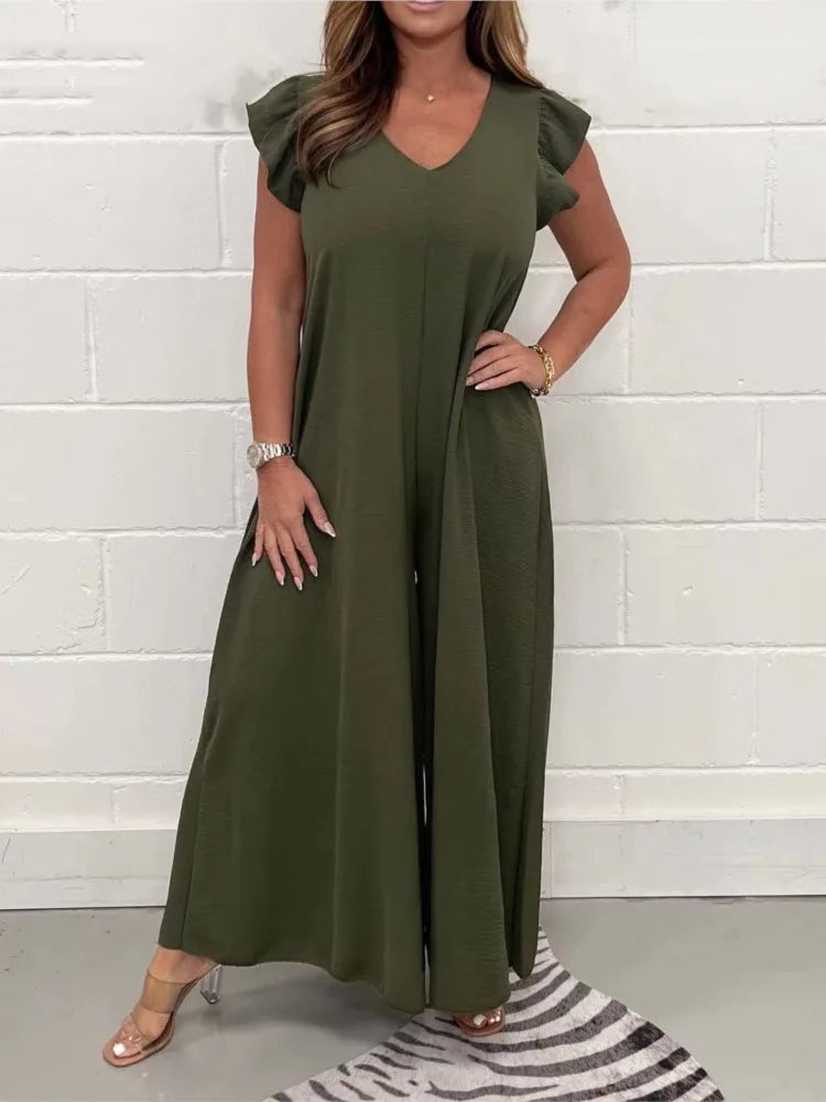 Ruffled Wide-leg Trousers Solid Casual Jumpsuit