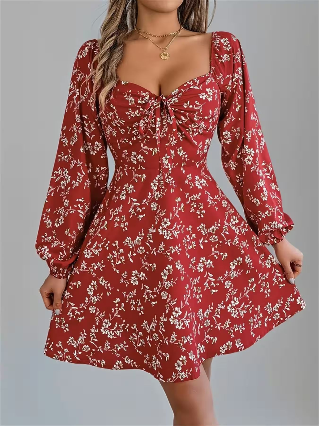 Dresses - Spring Floral Long Sleeve A-line Ruffle Dress