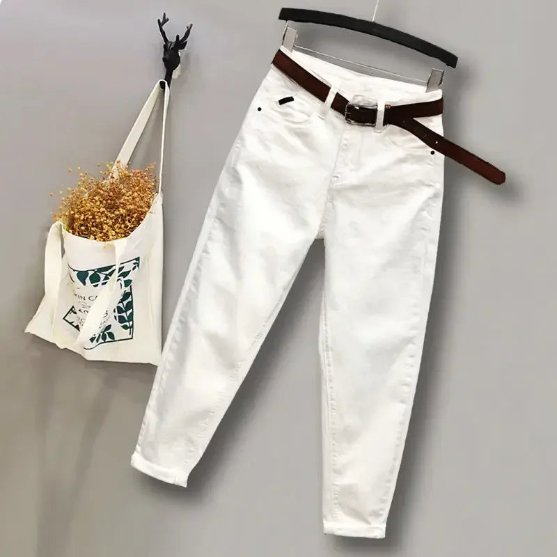 Jeans White High Waist Skinny Cropped Tappered Casual Pantalones