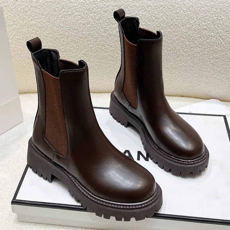 Leather Platform Short Boots Slip Elastic