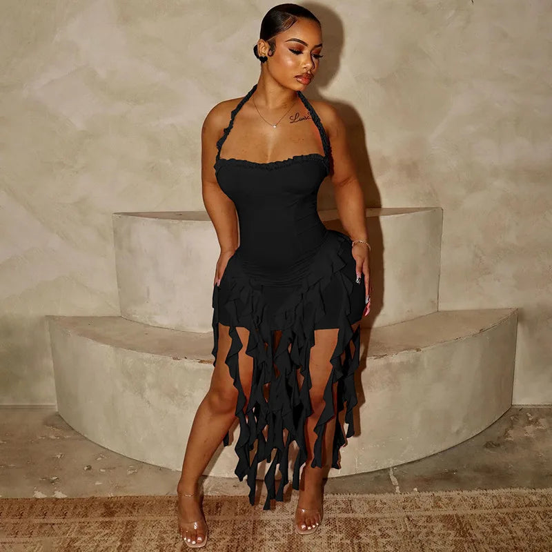 Women's Halter Mini Dress - Sleeveless Summer Party Dress with Ruffle Details