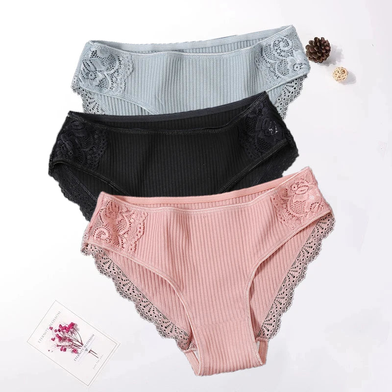 Floral Lace Cotton Panties Underwear Comfortable Lingerie 3PCS/Set