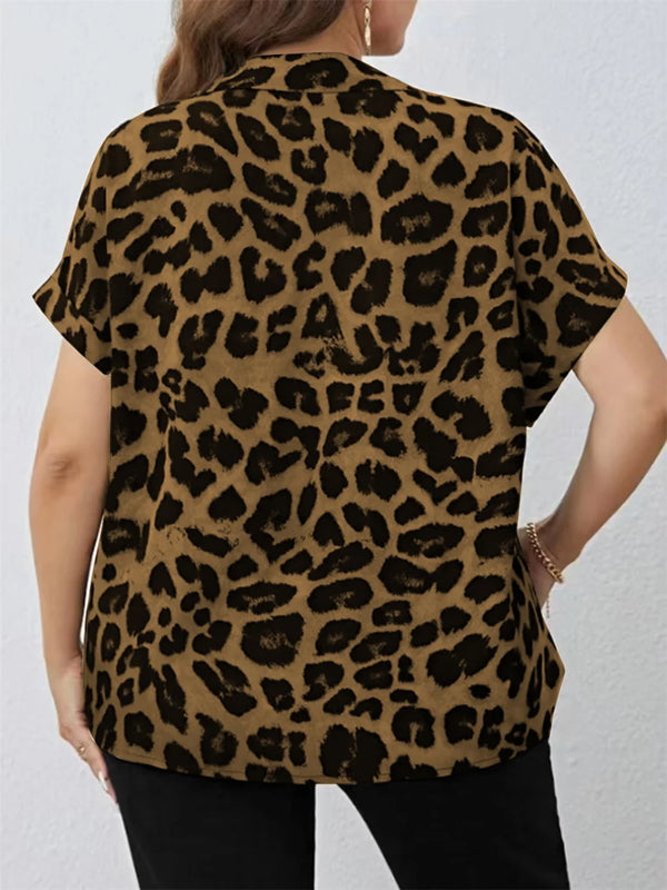 Plus Size Women Short Shirt Leopard Print