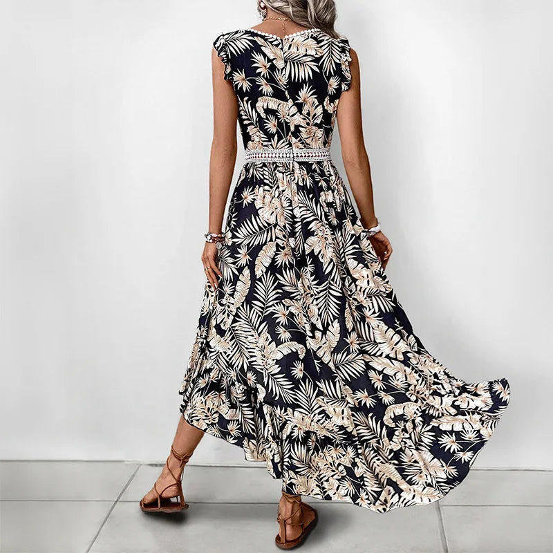 Lace Splicing Skirt V-neck Print Irregular Vacation Style