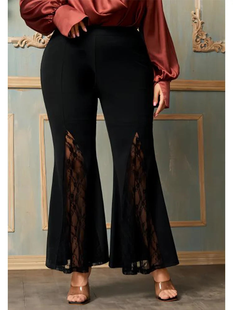 Plus Size Casual Black High Waist Lace Flare Leggings Sexy