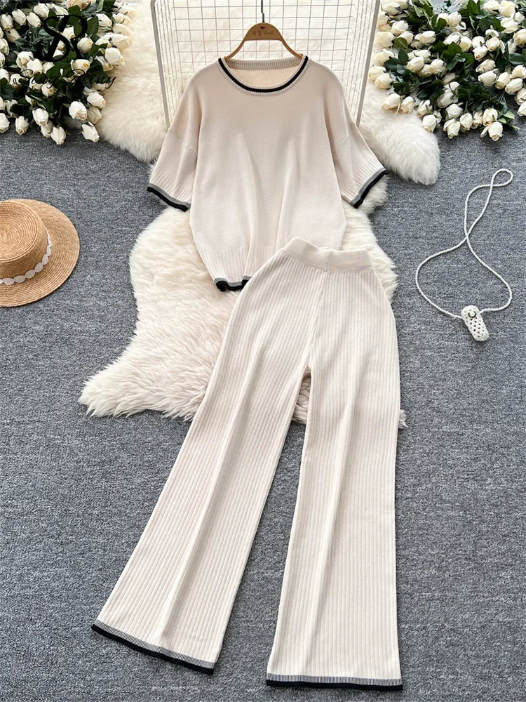 Short Sleeves Loose Top+High Waist Wide Legs Pants