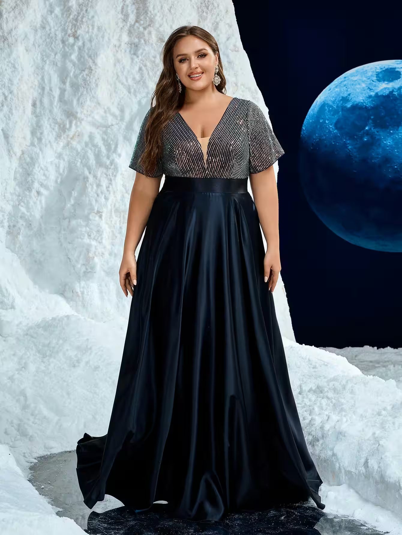 Plus V-Neck Glitter Satin Formal Evening Dress - Additional View 4