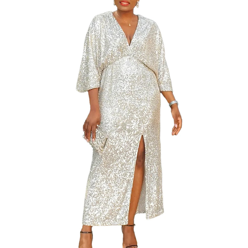 Plus Size Sequined Split Luxury Party Dress