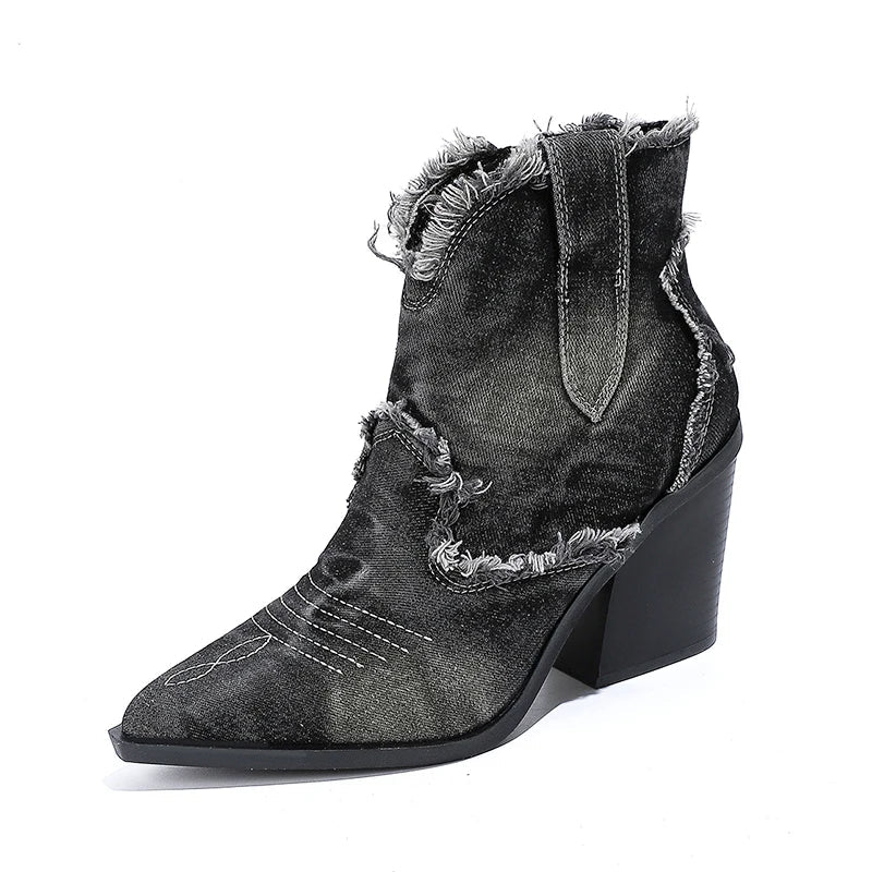 Boots Retro Style Fashion Cowboy Denim