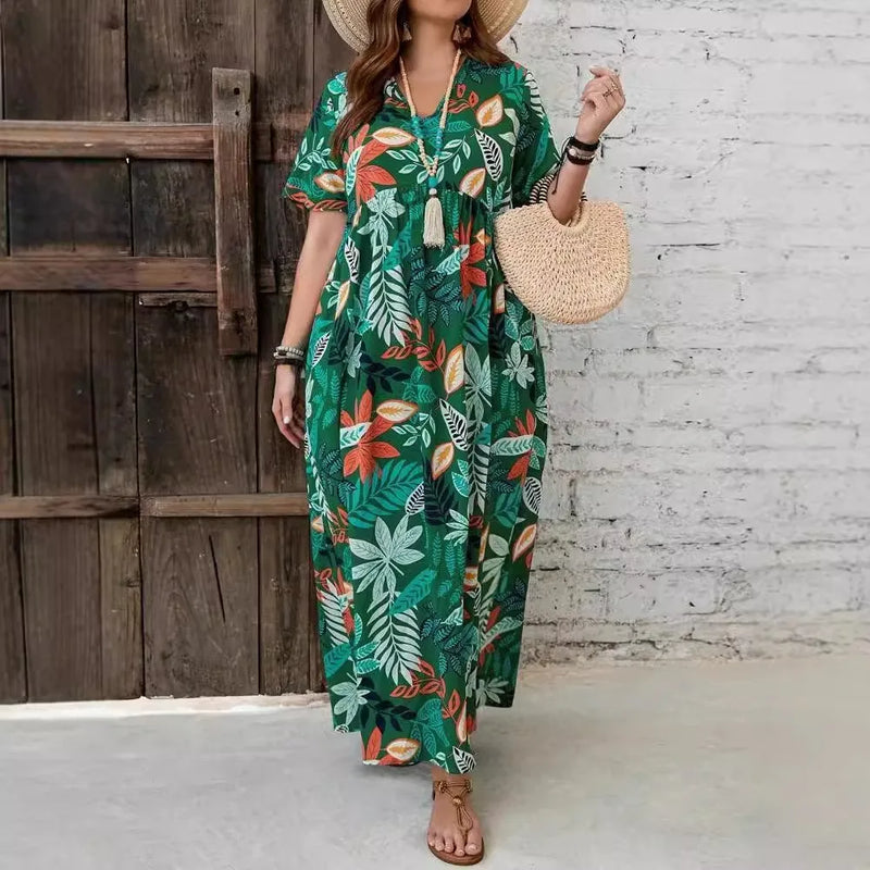 Plus Size Dress Spring New Printed V-neck
