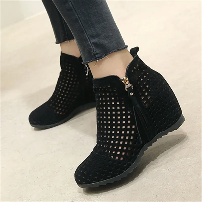 Boots Flat Low Hidden Wedges Cutout Zip