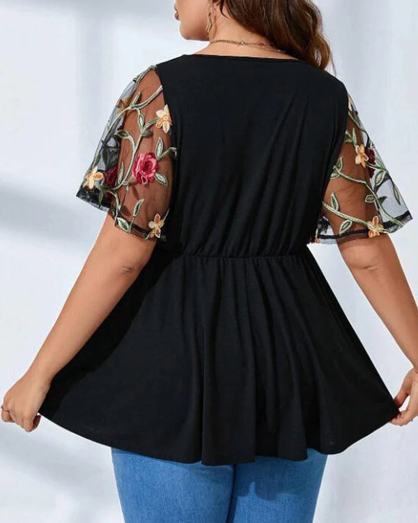 Plus Size  V-neck Casual Mesh T-shirt
