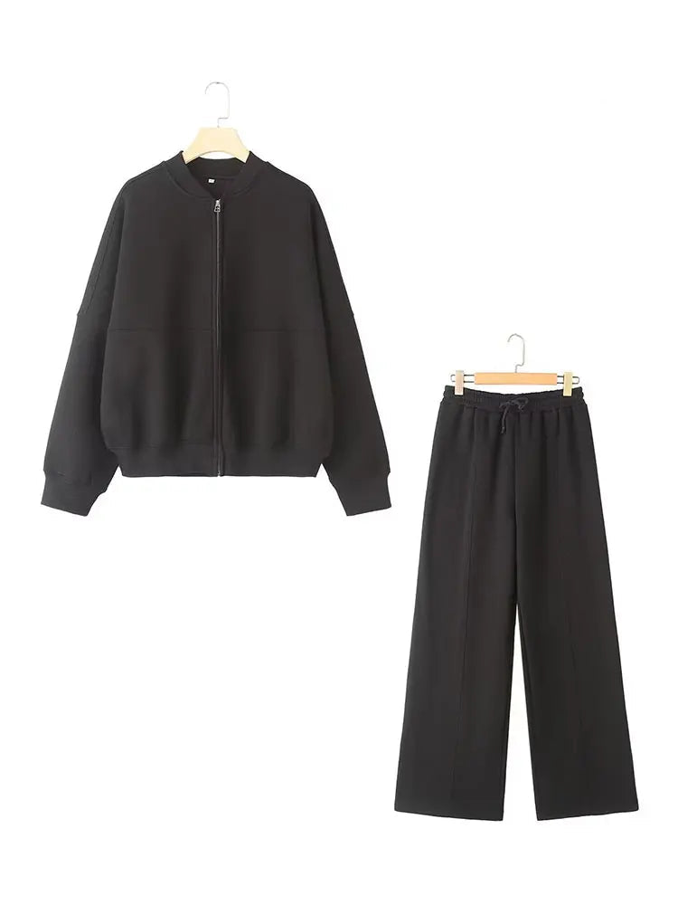 2-piece Retro Solid Color Zipper Bomber Jacket