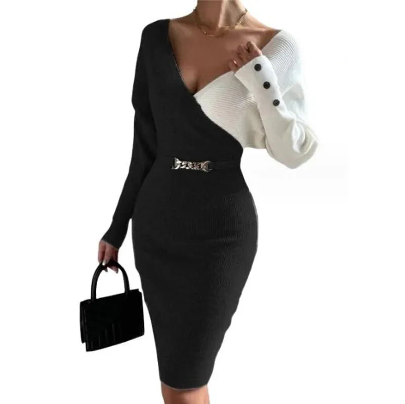 V-neck Splice Fashion Slim Fit Sexy Dress