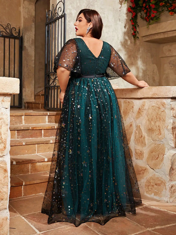 Plus size V-neck sequin embroidered Party dress