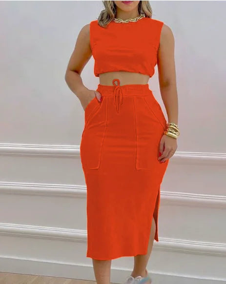 Skirt Set Solid Round Neck Short Sleeveless Top