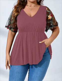 Plus Size  V-neck Casual Mesh T-shirt