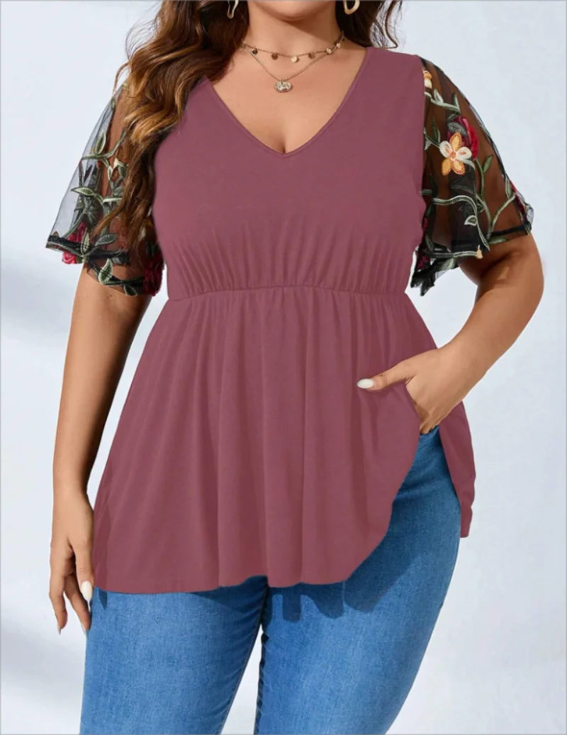 Plus Size  V-neck Casual Mesh T-shirt