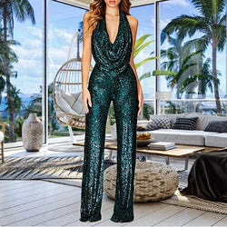 Sexy Folds Deep V-neck Sequin Jumpsuits Slim