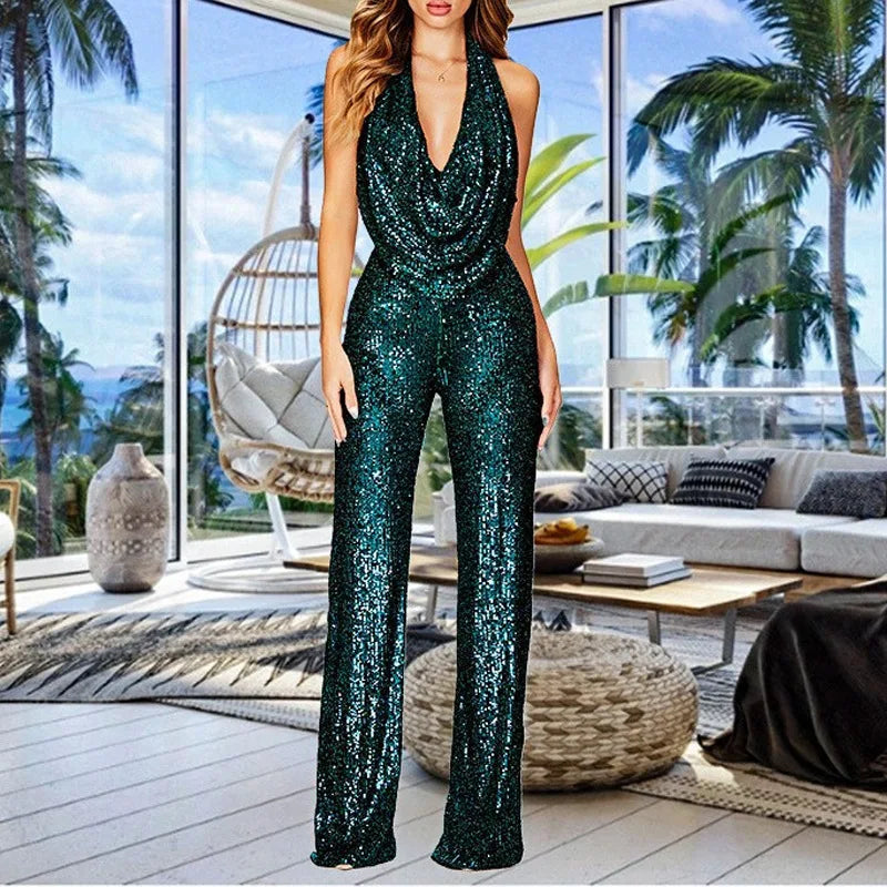 Sexy Folds Deep V-neck Sequin Jumpsuits Slim