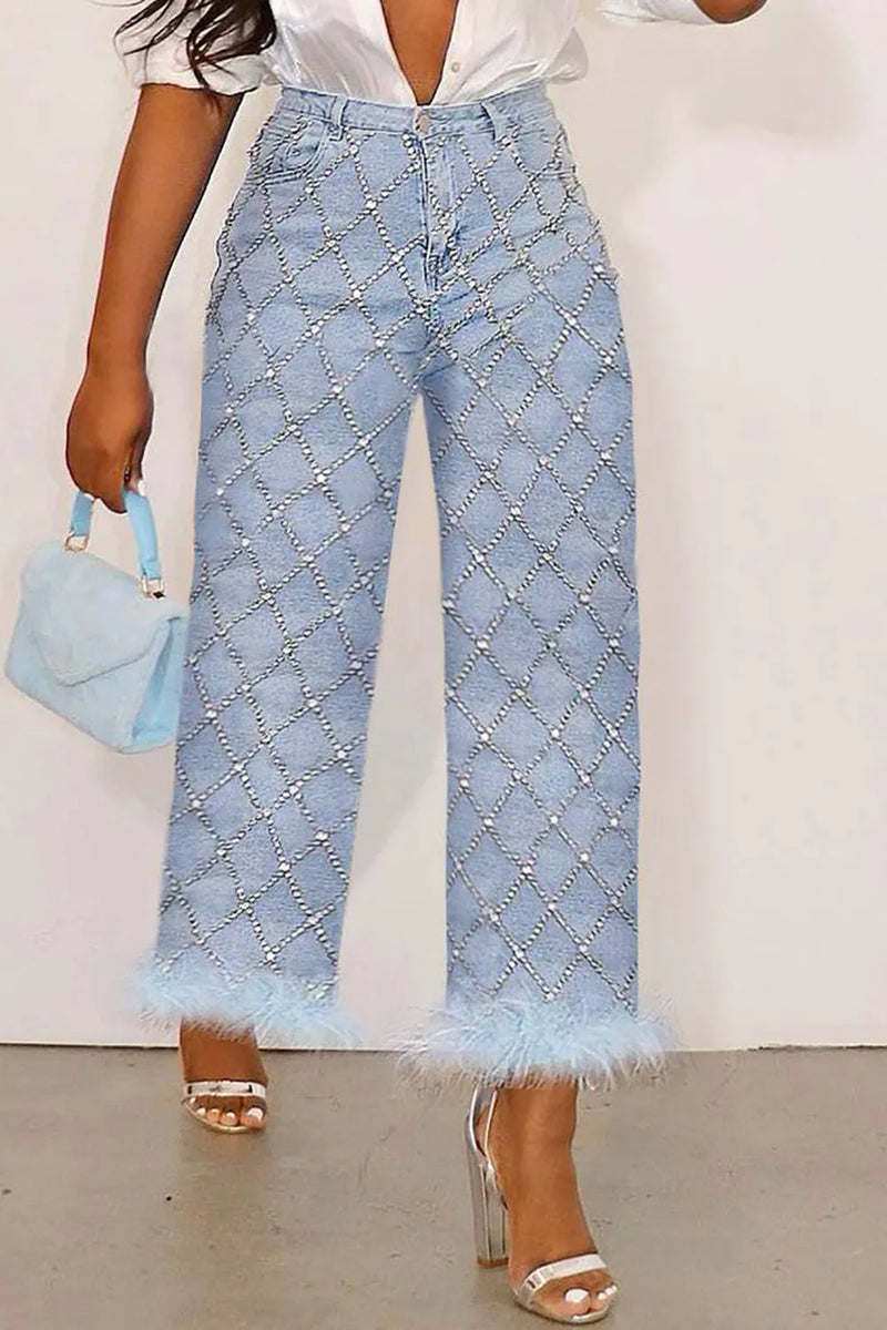 Jean Light Blue High Waist Drilling Straight