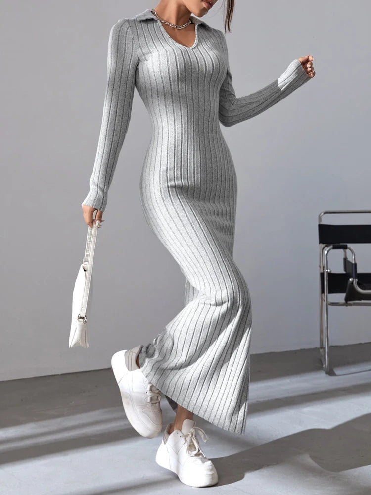 Sexy knit V-neck reverse neck split dress autumn winter