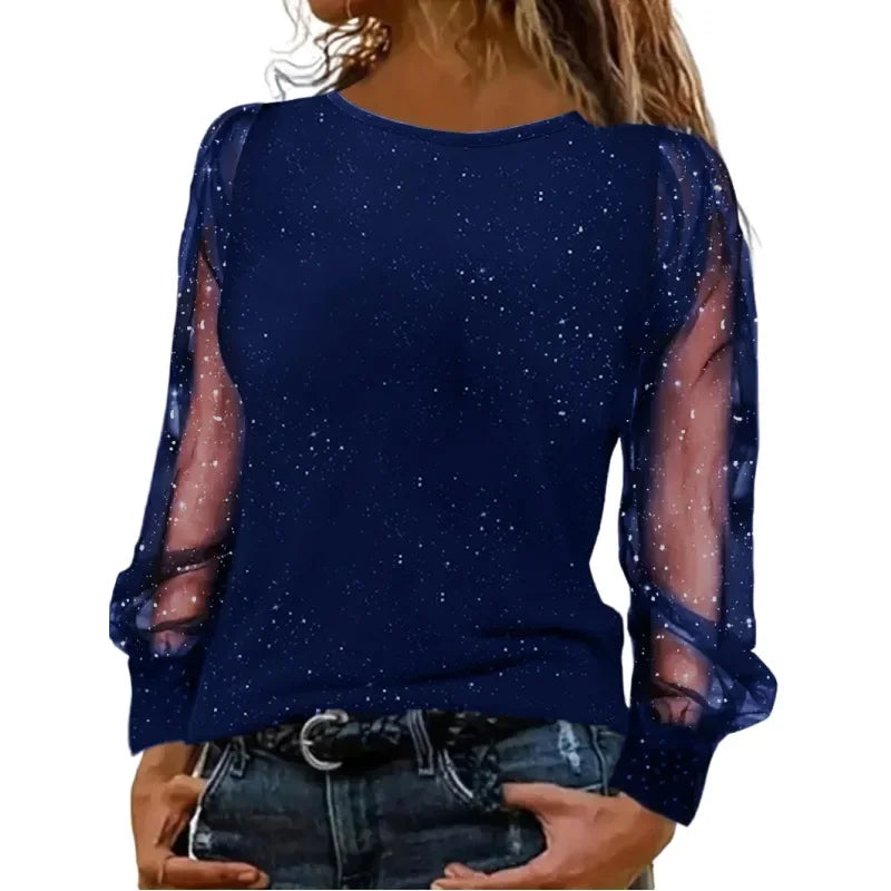 Blouse Glitter Puff Sleeve Sheer Mesh Print