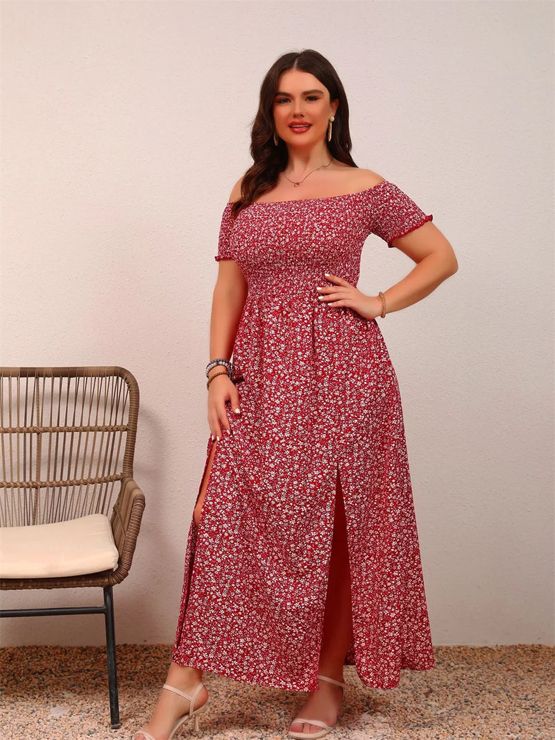 Plus Size Ditsy Floral Print Off Shoulder Dress