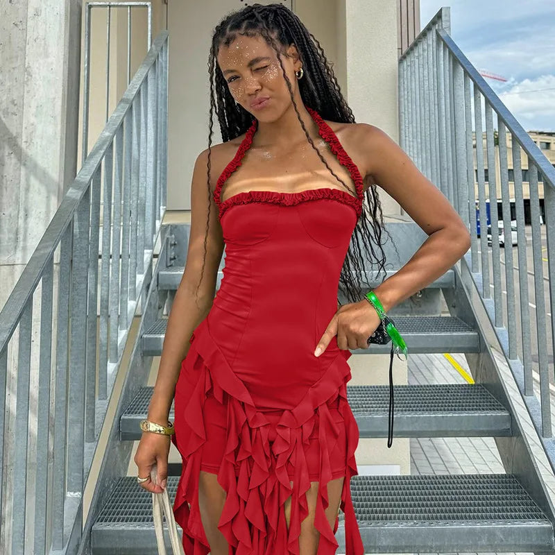 Women's Halter Mini Dress - Sleeveless Summer Party Dress with Ruffle Details