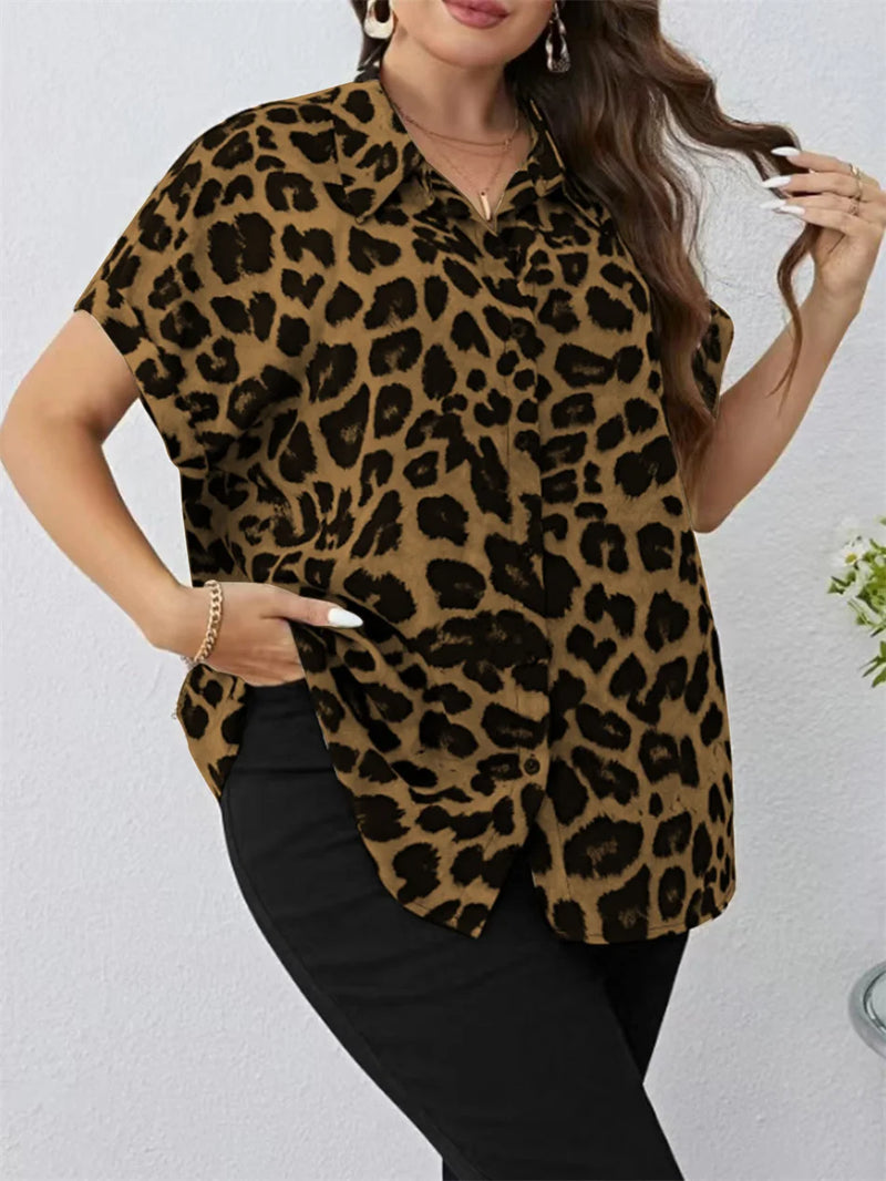 Plus Size Women Short Shirt Leopard Print