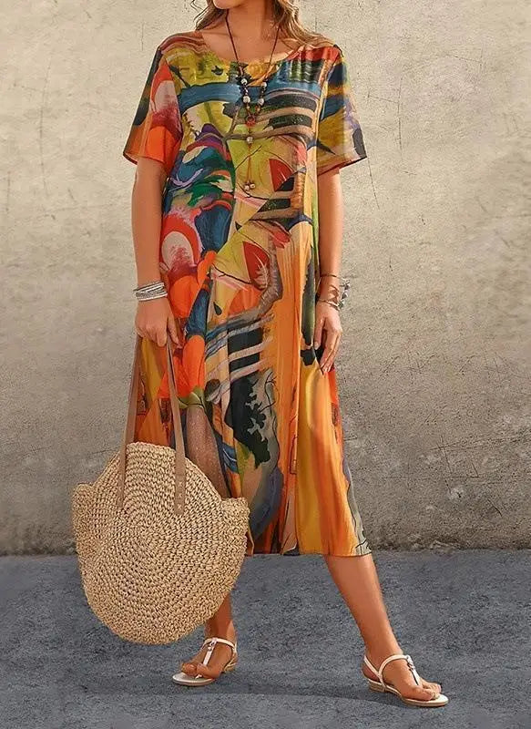Dress O-neck Short Sleeve Loose Fashion Casual Print