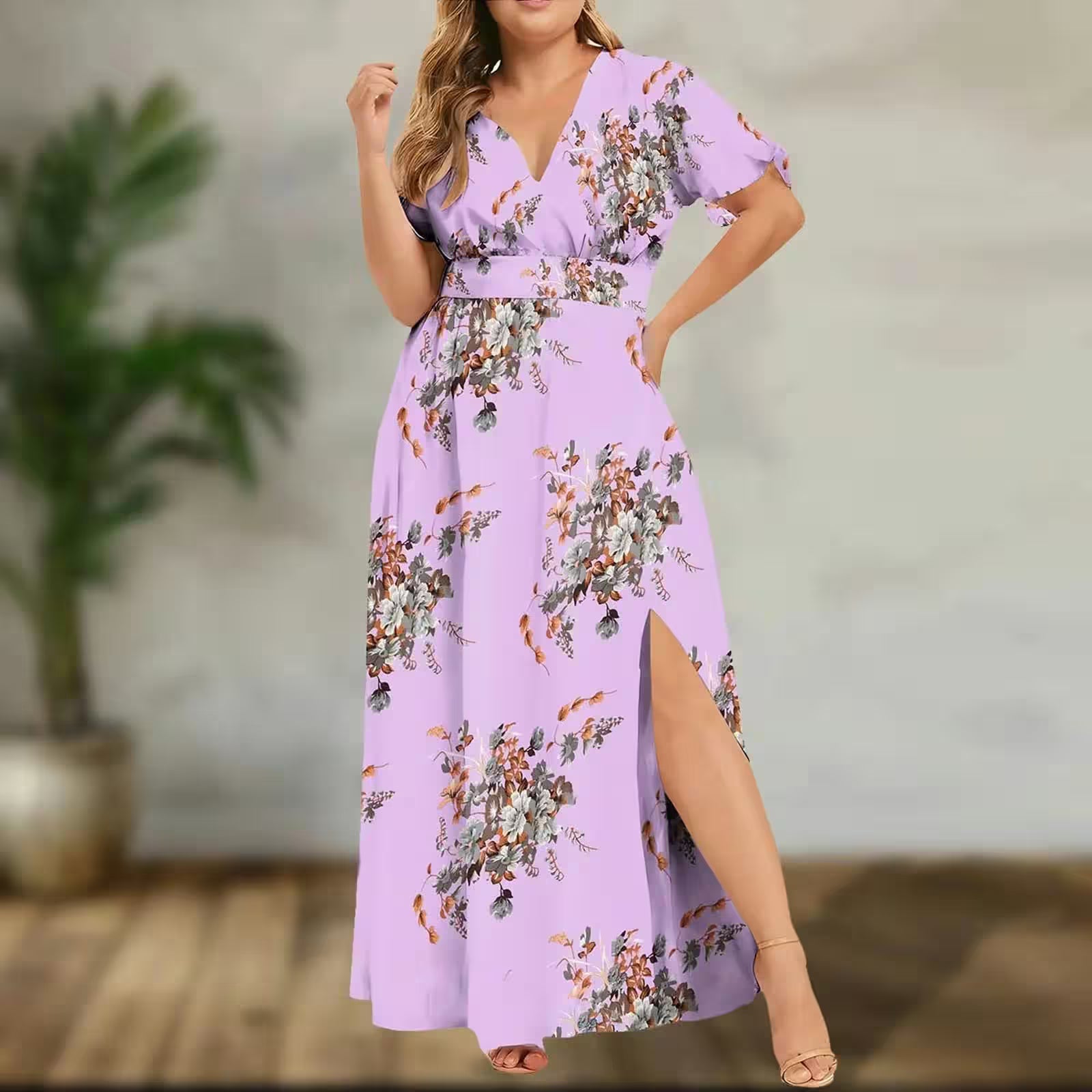 Plus Size  Slit Flower Print Short Sleeve Dress - Additional View 4