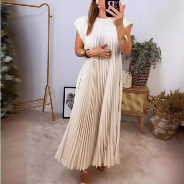 Dress fashion O-Neck Sleeveless Pleated Maxi