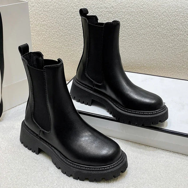 Leather Platform Short Boots Slip Elastic