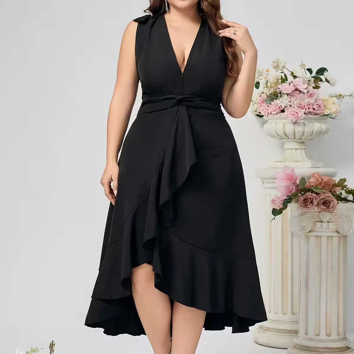 Maxi Dresses - Plus Size Solid Color Long Dress Sexy V-Neck for Women