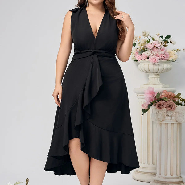 Plus Size Solid Color Long Dress Sexy V-Neck