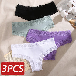 3PCS Lace Seamless Cotton Panties Ribbed Brazilian