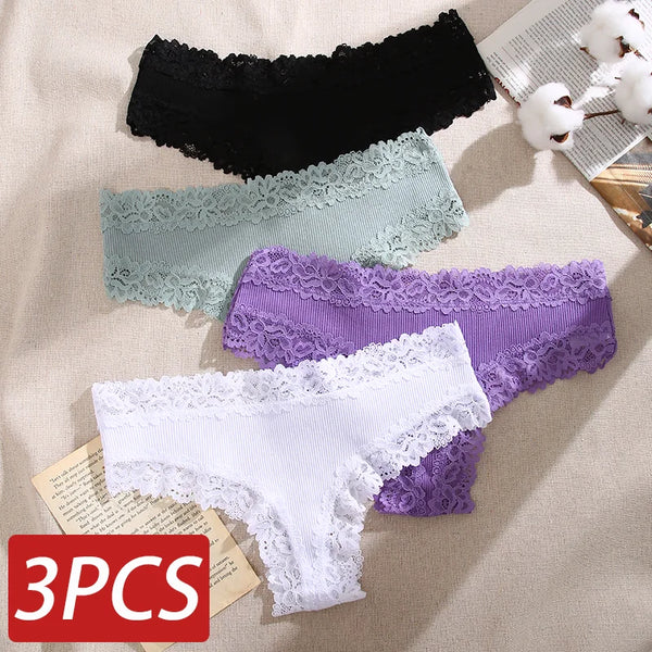 3PCS Lace Seamless Cotton Panties Ribbed Brazilian