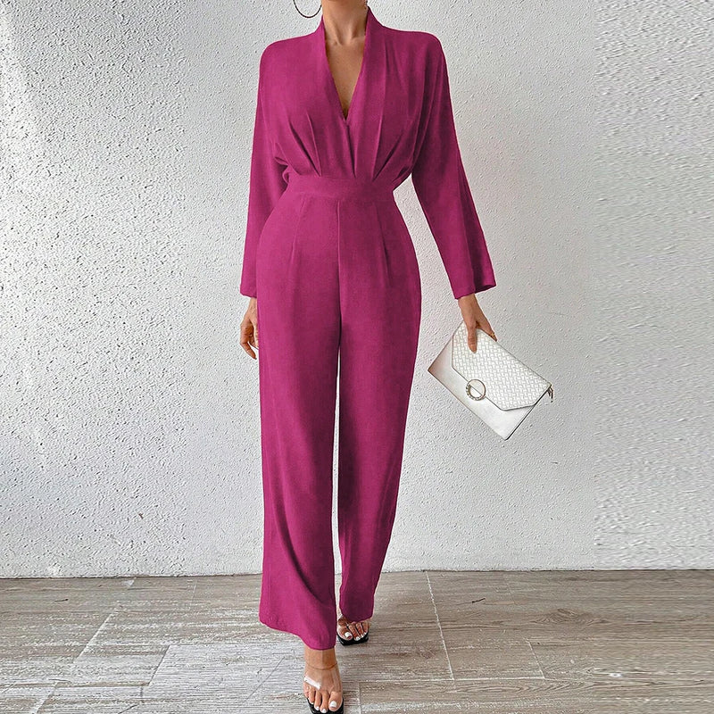 Jumpsuits Long Sleeve V-Neck Ankle Office Lady