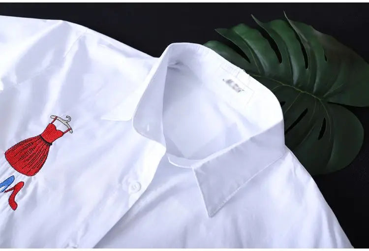 Plus Size Mid-length White Embroidered Shirt Top