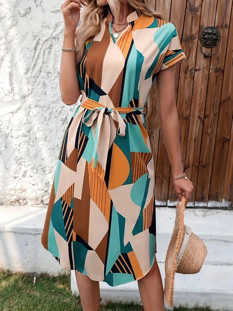 Dress Cross-border elegant full print bat wing sleeve belt