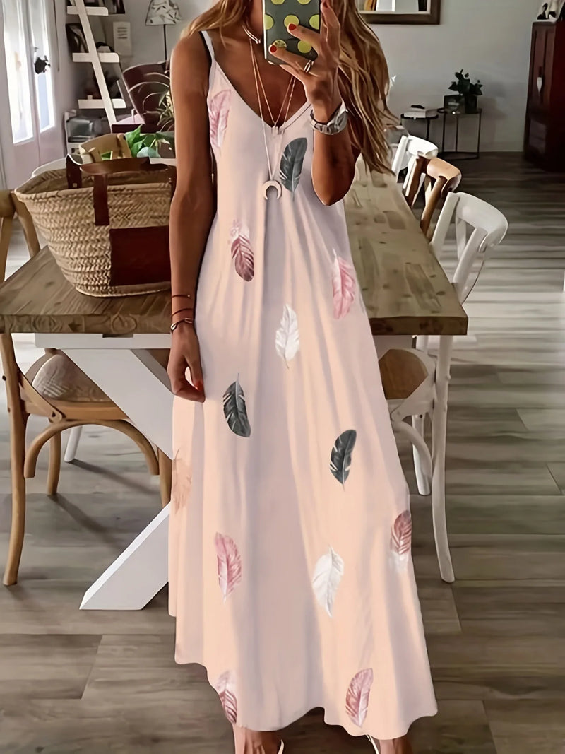 Sexy V-neck Feather Print Sling Dress