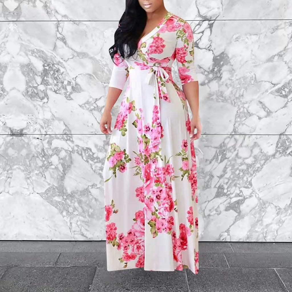 V Neck Short Sleeve Floral Midi Dress Sexy - Additional View 9