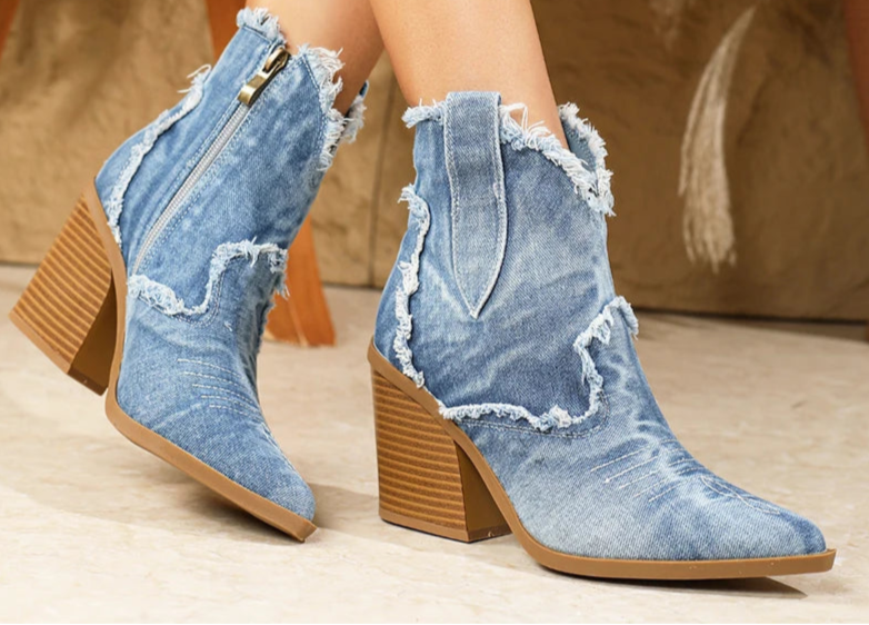 Boots Retro Style Fashion Cowboy Denim
