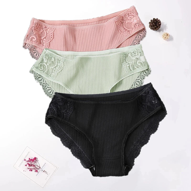 Floral Lace Cotton Panties Underwear Comfortable Lingerie 3PCS/Set