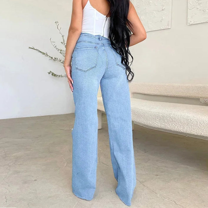 Jeans Long High Waist Ripped Frayed Comfortable Wide Leg