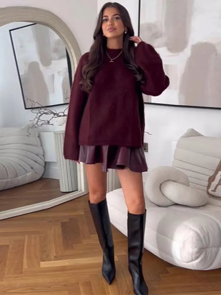 Elegant Fuchsia Full Sleeve O Neck Sweater Lady Fashion