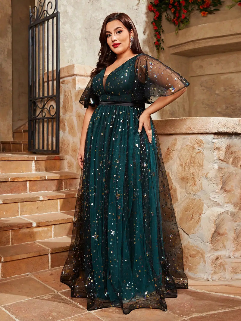 Plus size V-neck sequin embroidered Party dress